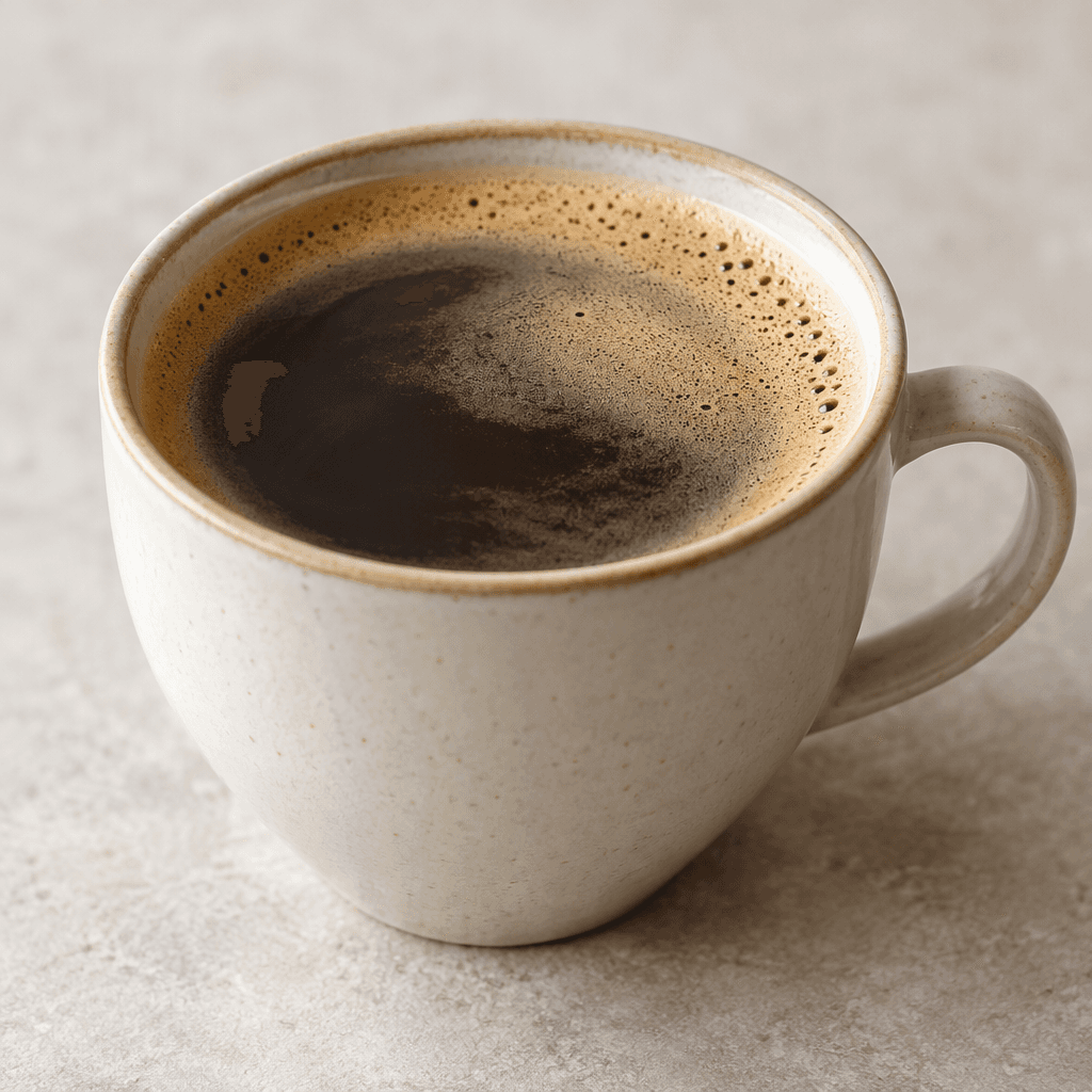 A cup of deep brown coffee with a smooth surface and a thin layer of pale tan foam.