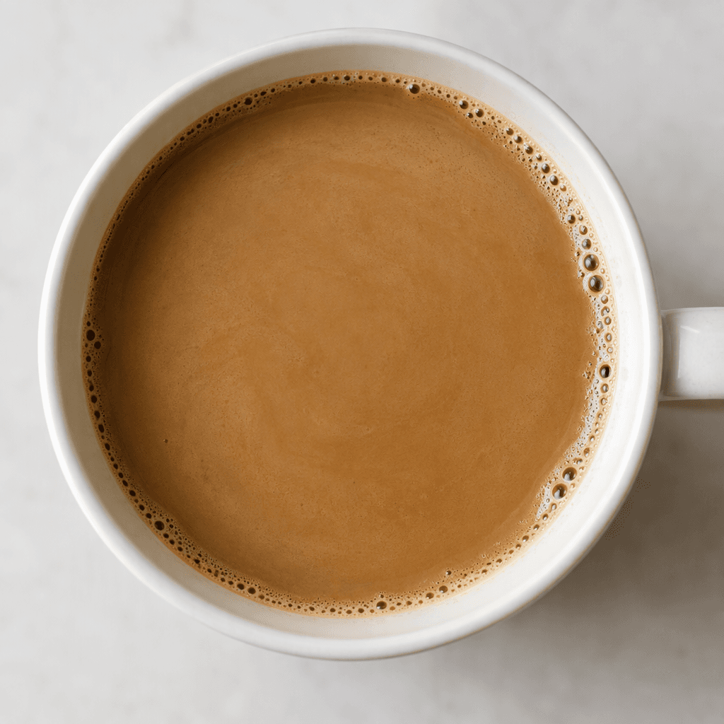 A smooth, medium-brown instant coffee sits in a cup, with a light tan creamy surface and a few small bubbles around the edge.