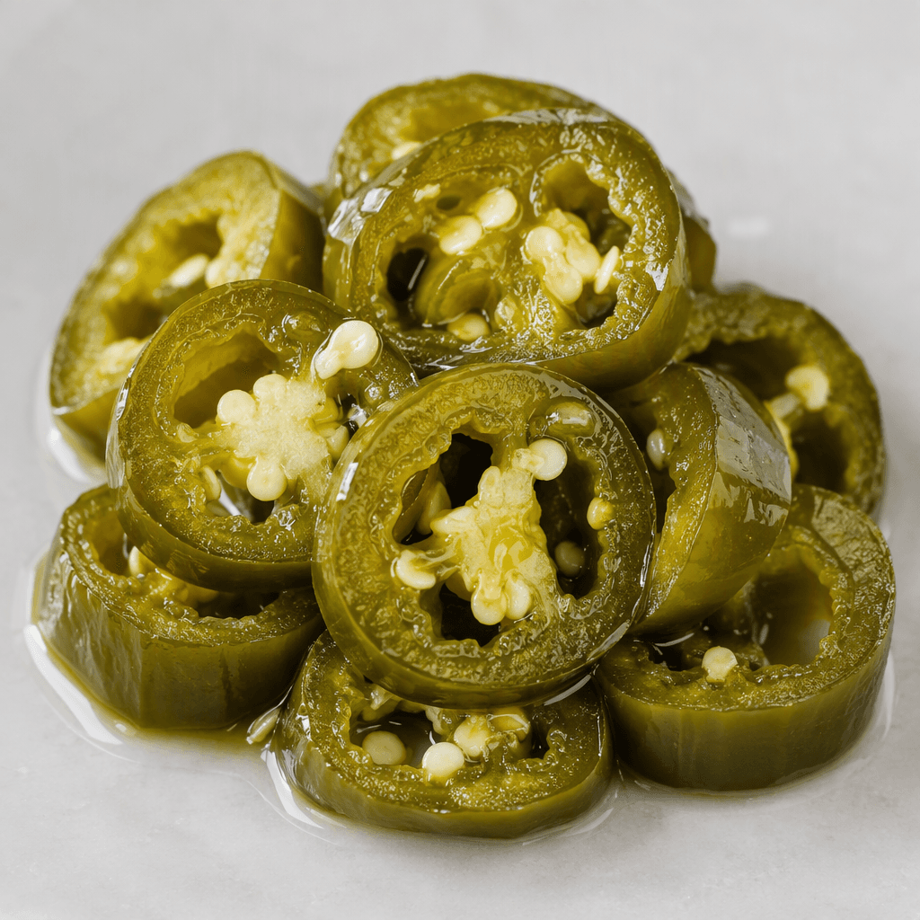 Glossy green jalapeño pepper rings with slightly wrinkled edges and visible pale seeds, glistening with a thin layer of pickling brine and arranged in a small pile.