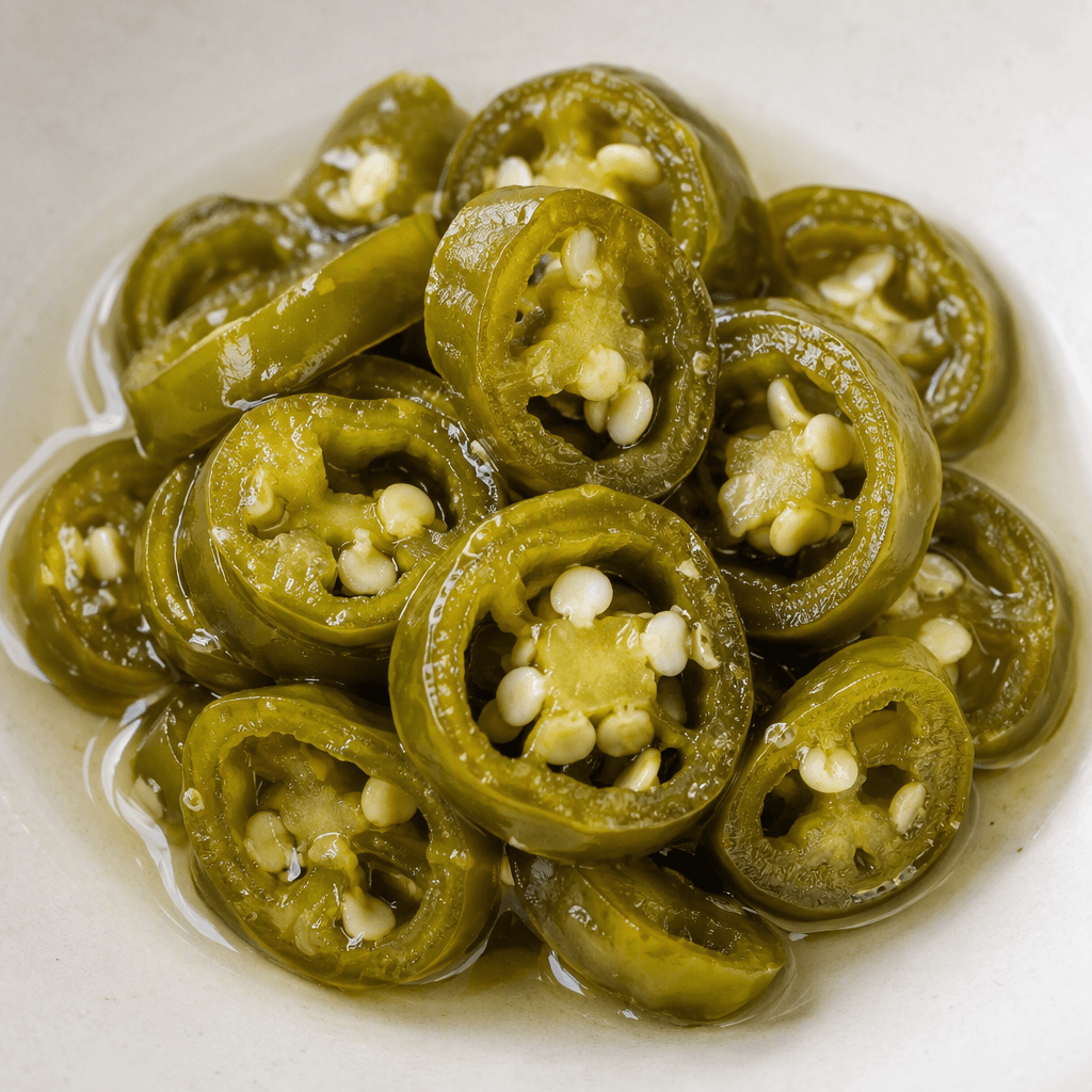 Bright green jalapeño pepper slices, cut into round rings with visible pale seeds, glossy and slightly wrinkled from pickling, arranged in a small pool of clear brine.