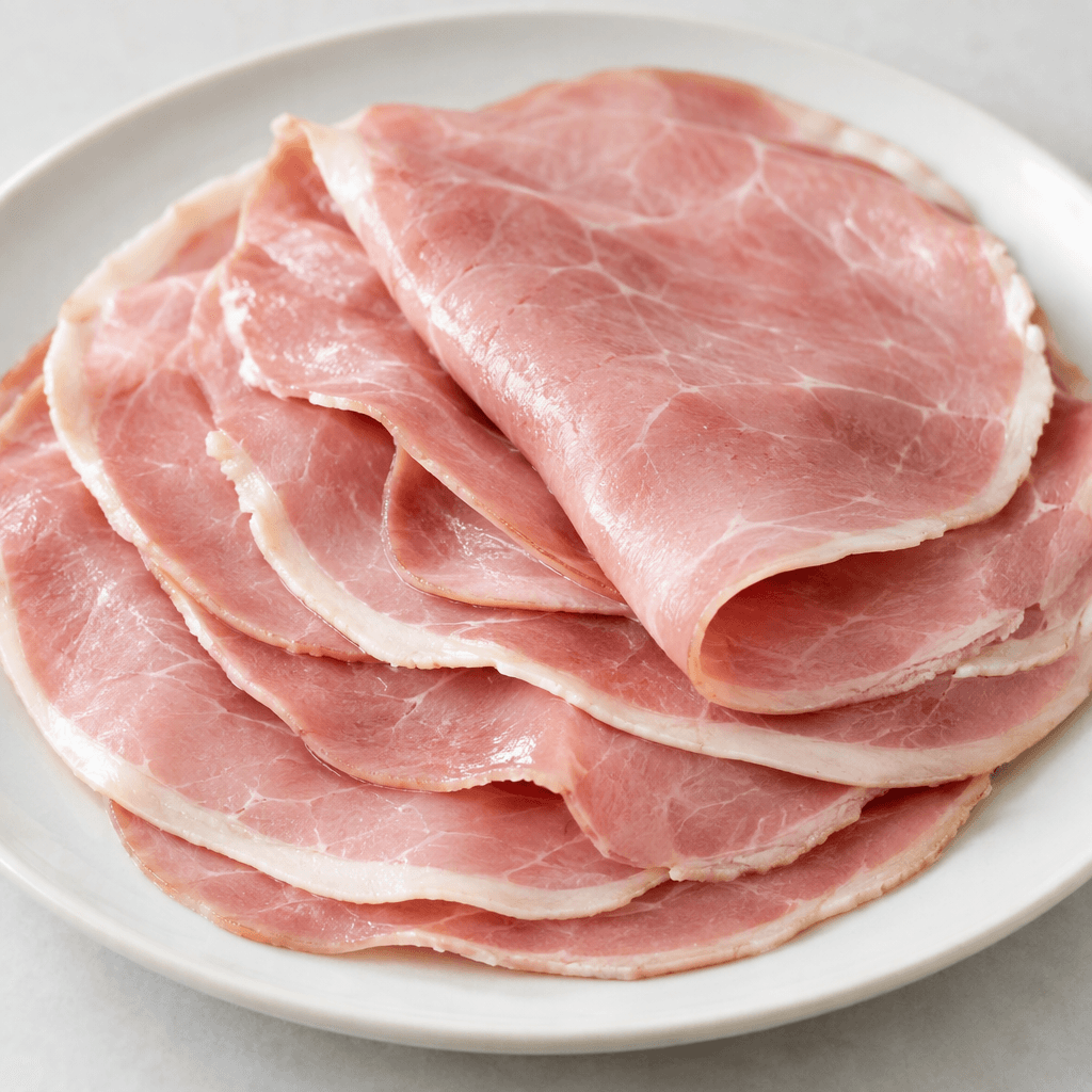 Thin, overlapping slices of ham with a rosy pink colour, smooth moist surfaces, and narrow creamy-white fat edges, arranged on a plate.