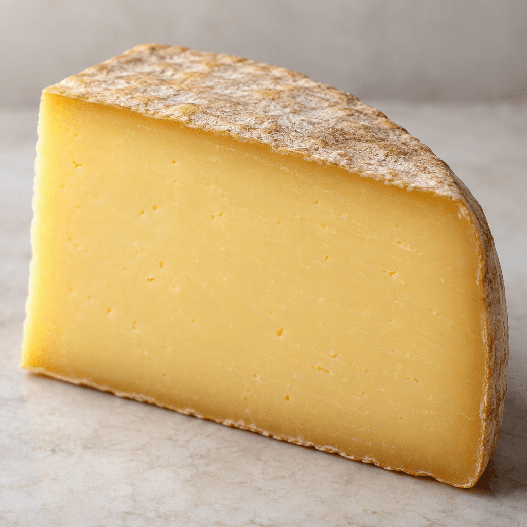 A wedge of firm cheese with a pale golden-yellow interior, a smooth, fine-textured cut face and a thin natural rind.