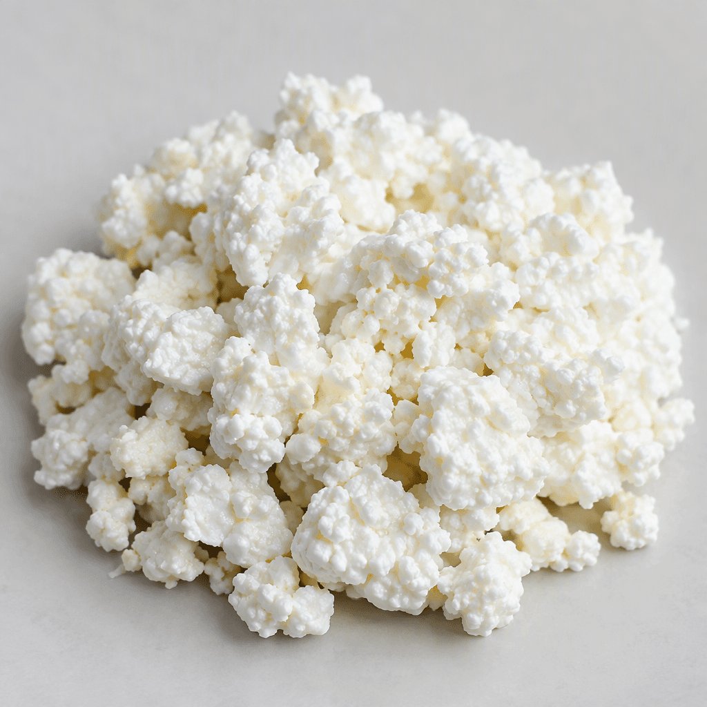 Soft, white low-fat curd cheese in small, loose, irregular crumbles with a slightly moist surface.