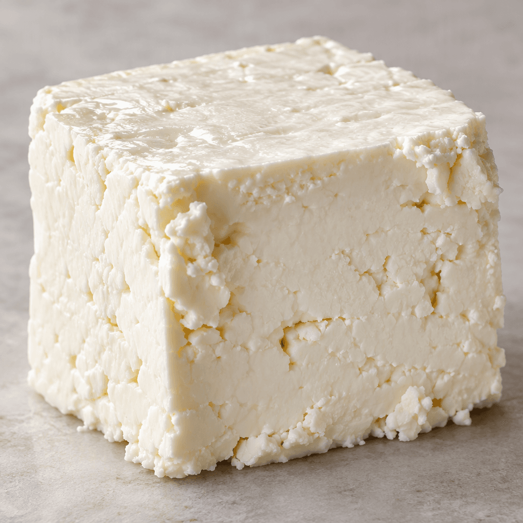 A compact block of white cheese with an ivory surface, a moist, slightly glossy cut face, and softly crumbly edges.