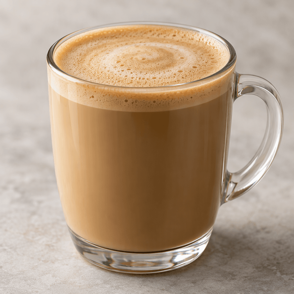 A smooth, opaque, light coffee-brown drink with an even, creamy appearance.