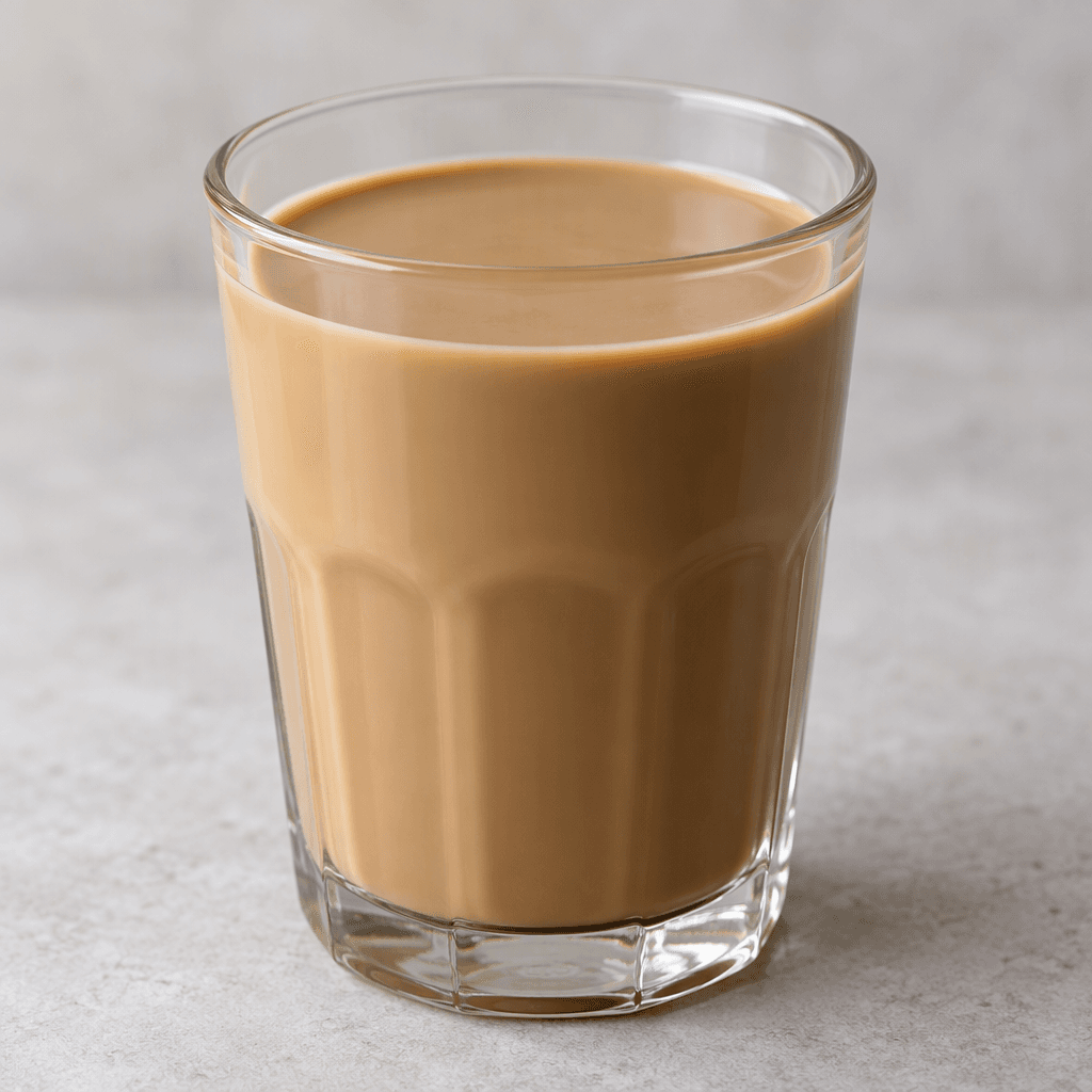 A smooth, opaque light-brown coffee-colored milk drink sits in a clear glass, with an even surface and no visible toppings.