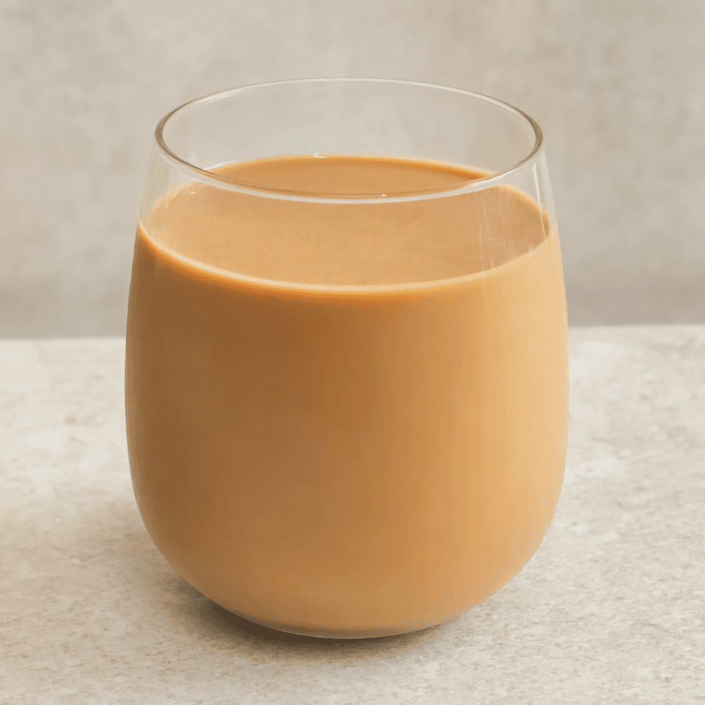 An opaque, smooth light-brown drink with an even coffee-colored appearance, served in a clear glass.