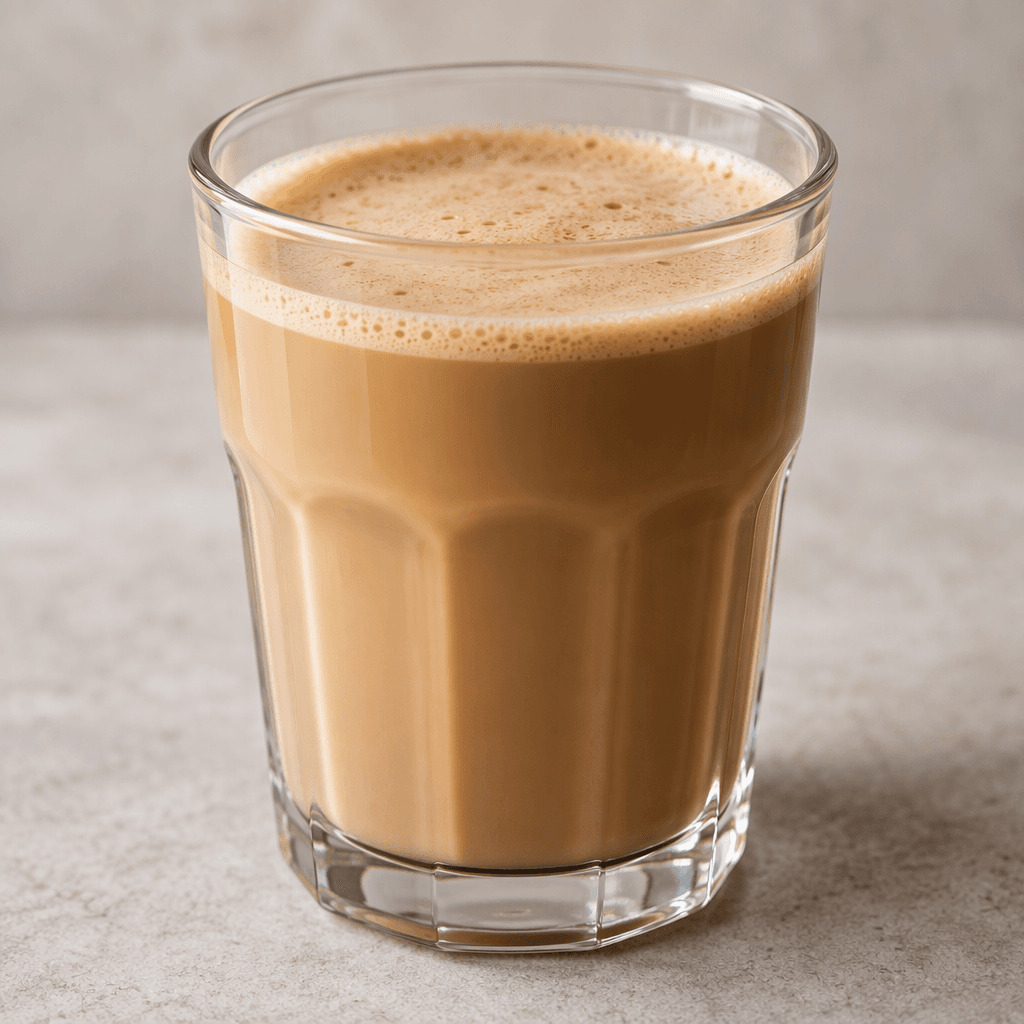 A smooth, opaque light-brown coffee-colored milk drink served in a clear glass.