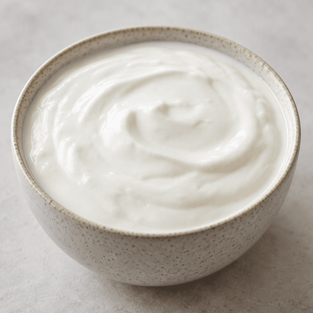 A bowl of thick, smooth white yogurt with a gently glossy, level surface.