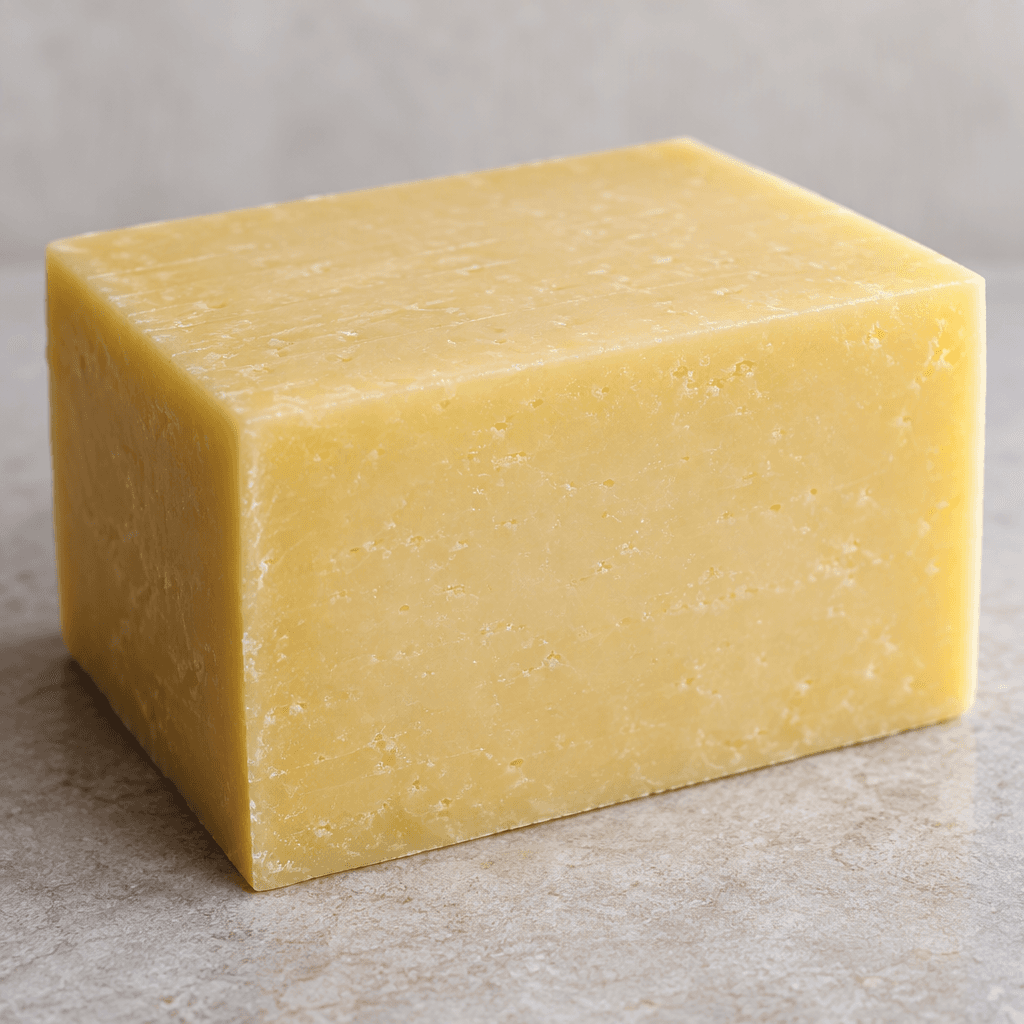 A firm, pale straw-yellow cheese in a neat rectangular block, with a smooth surface and cleanly cut edges.