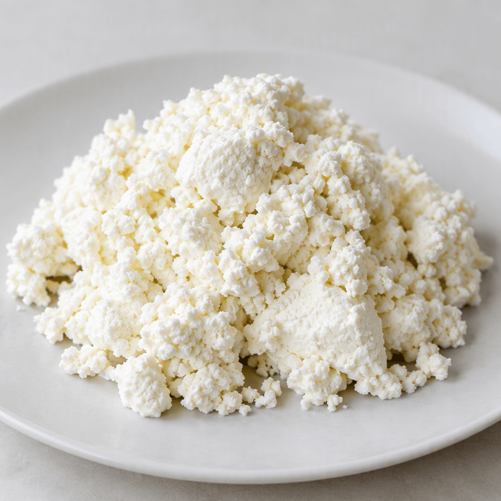 A mound of soft, moist white cheese with fine, irregular curds and a loosely crumbly texture, served simply on a plate.