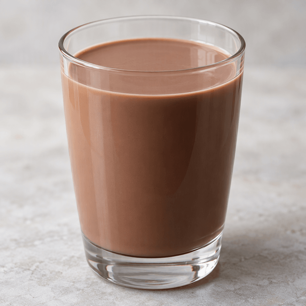 A glass of smooth, opaque chocolate-brown milk with an even surface.