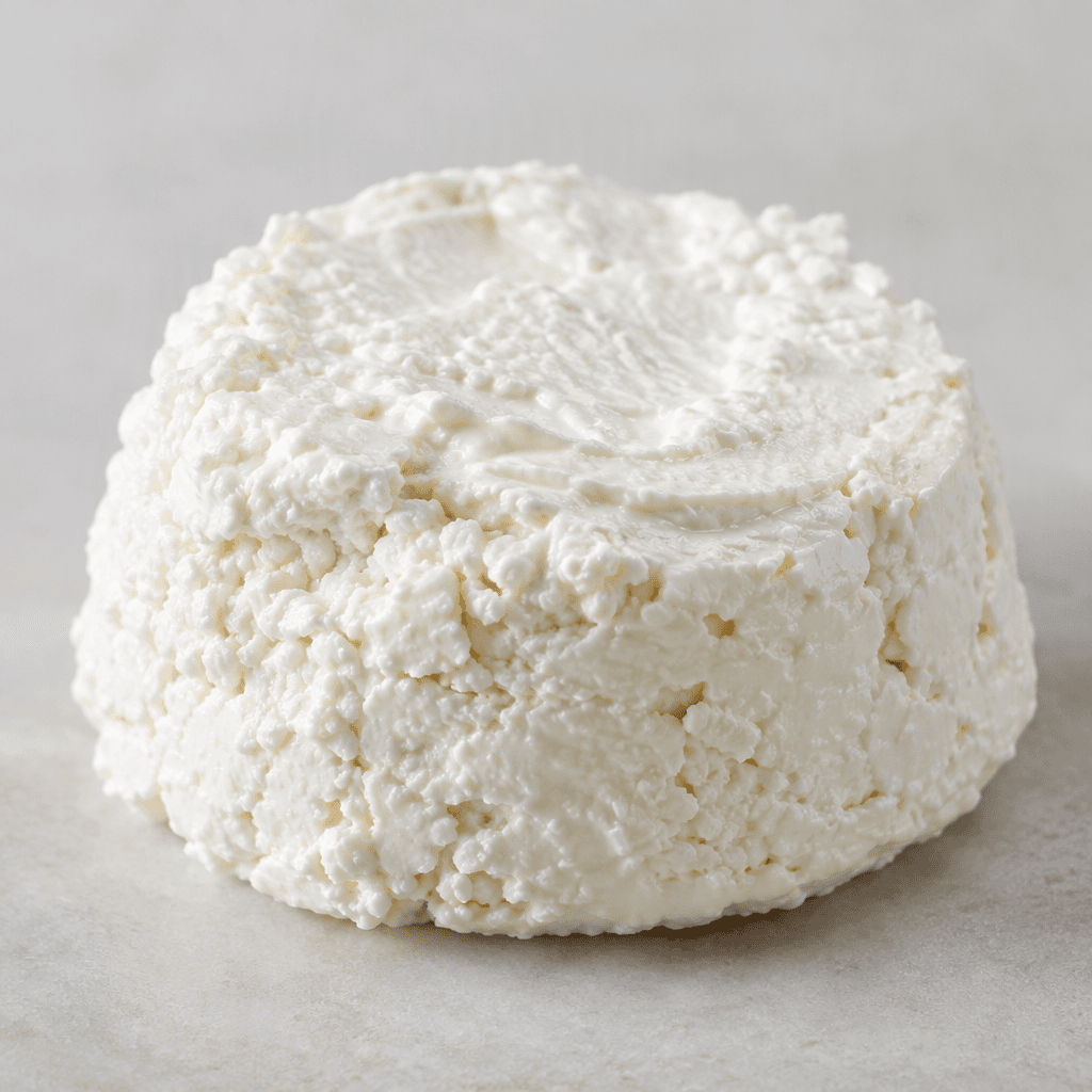 Soft, moist white cheese with small, delicate curds and a creamy, slightly uneven texture.