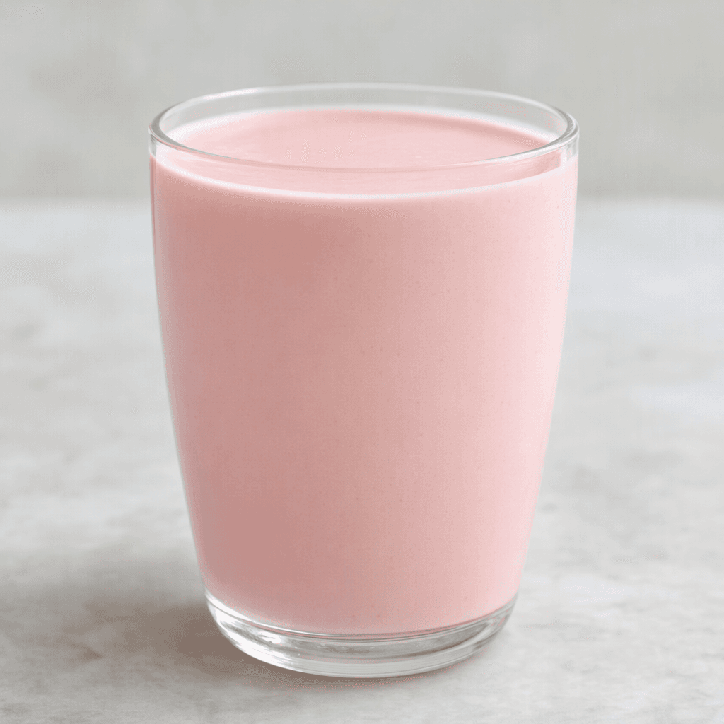 A smooth, opaque pale-pink drink sits in a clear glass, with an even, creamy-looking surface.