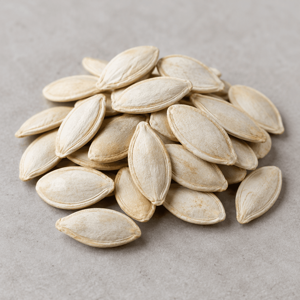 A small pile of flat, oval pumpkin seeds in their hard, pale cream shells, with fine longitudinal ridges and slightly pointed ends, scattered on a neutral surface.
