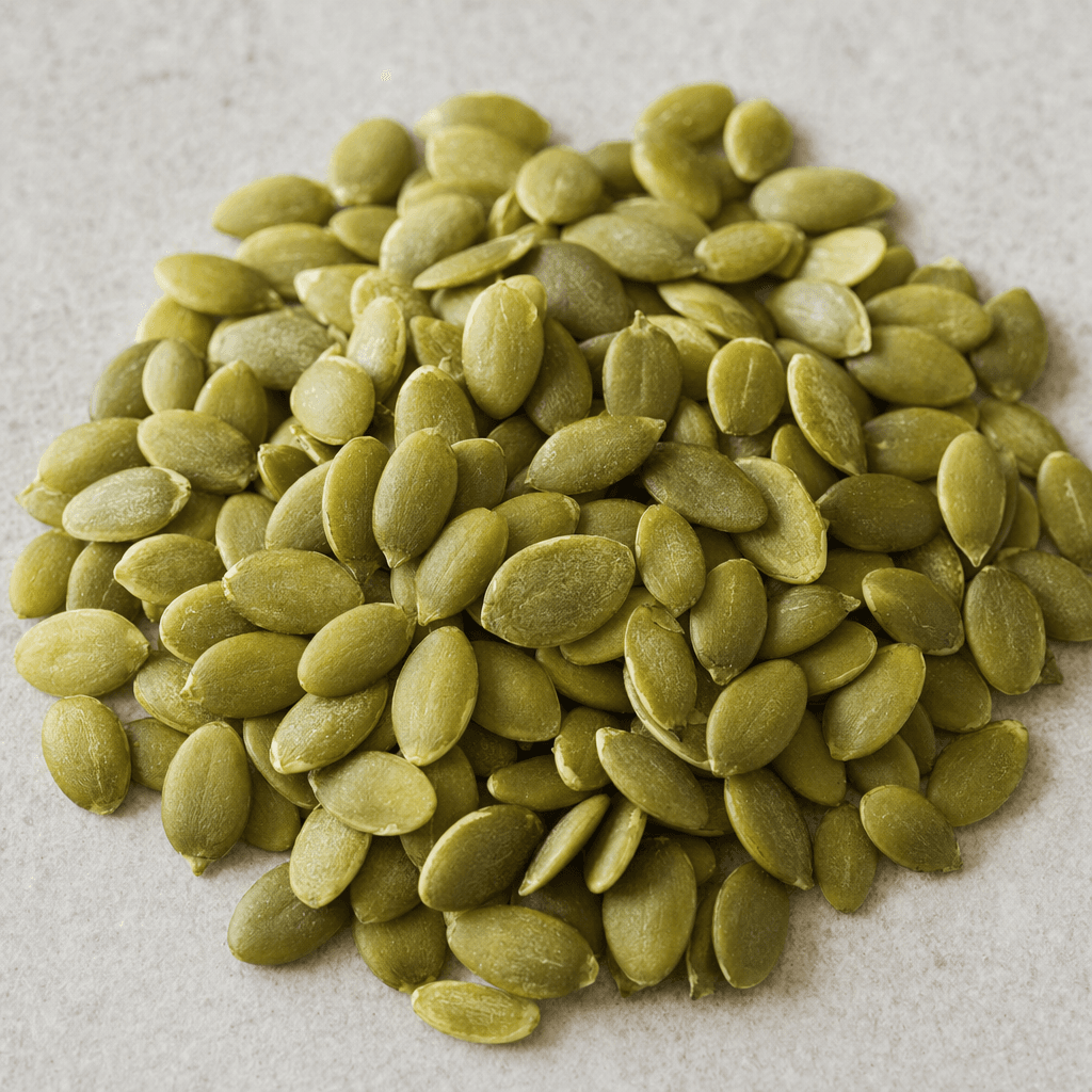 Flat, oval pumpkin seeds with pointed tips and smooth, pale green surfaces are scattered loosely in a small pile.
