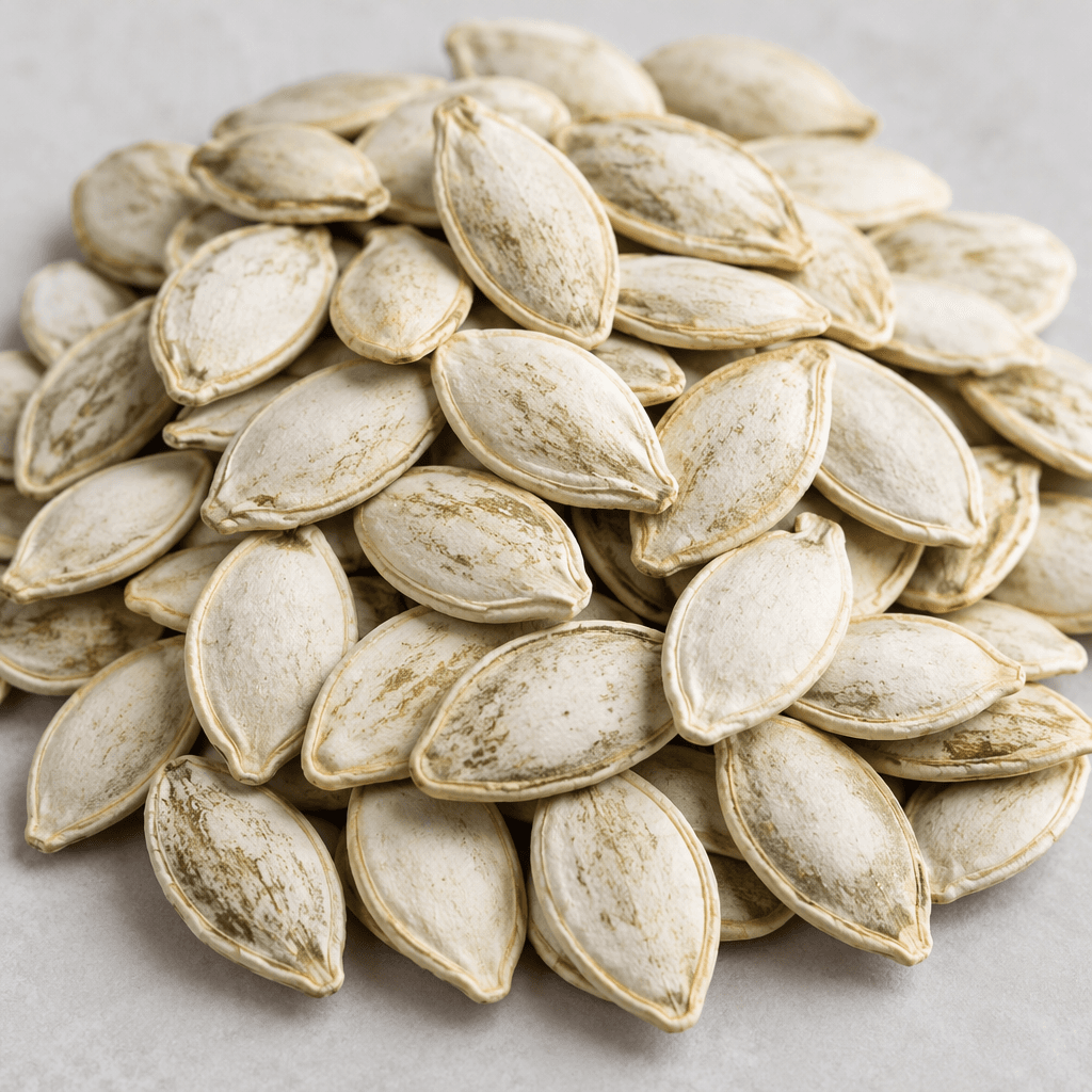 Flat, oval, pointed pumpkin seeds with hard, pale cream shells, faint greenish markings, and subtly ridged edges are piled together.