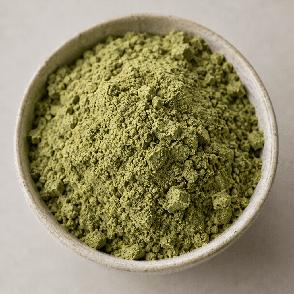Fine, matte olive-green pumpkin seed protein powder with a loose, slightly clumped texture and occasional darker green flecks.