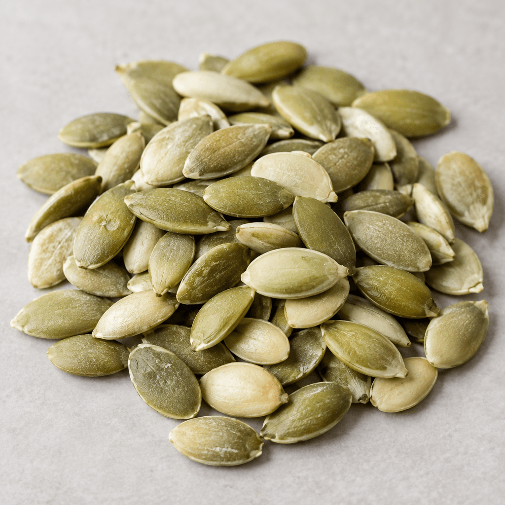 Flat, oval pumpkin seeds with smooth, slightly curved shells in pale cream to light green, scattered loosely in a small pile with a few overlapping pieces visible.