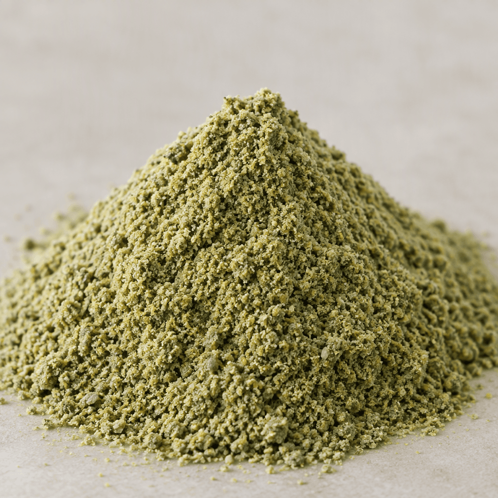 A mound of finely ground pumpkin seed flour, with a soft, slightly coarse texture and a muted olive-green colour.