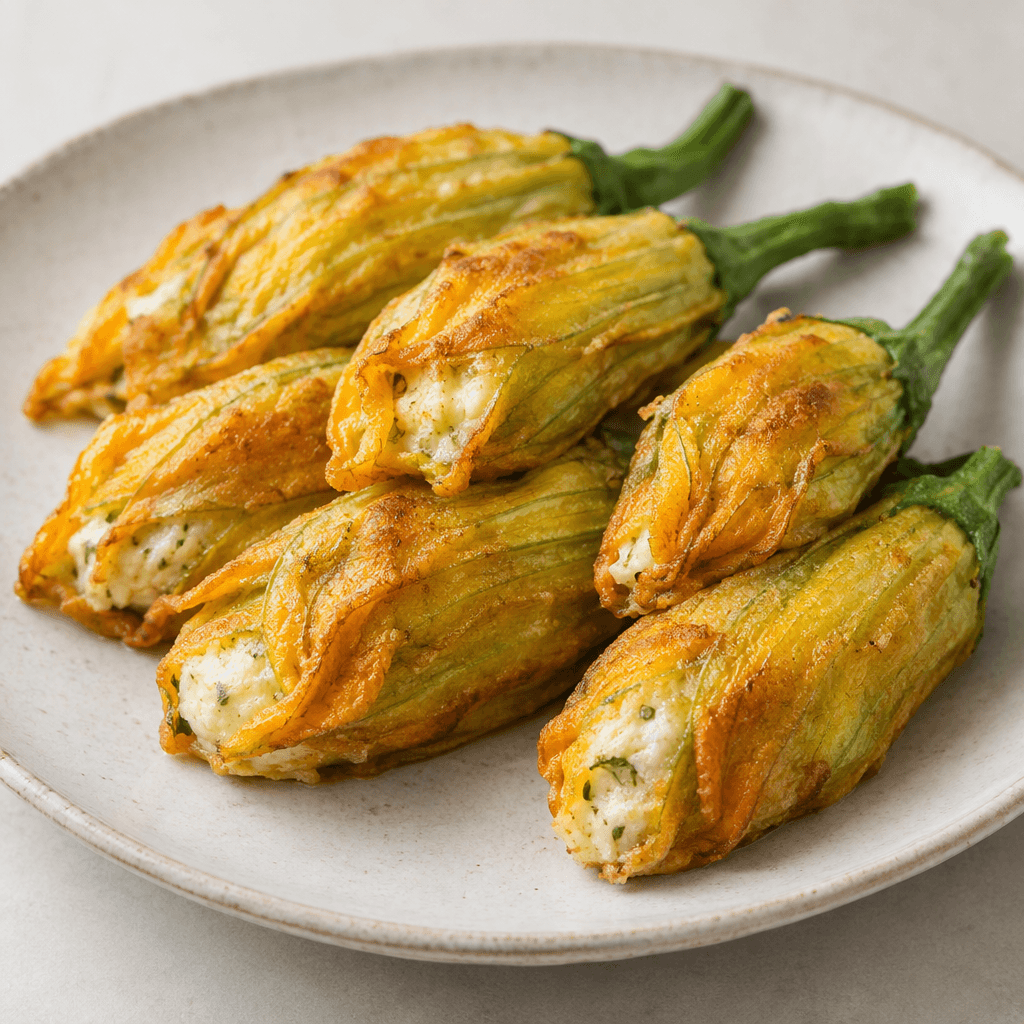 Golden-yellow zucchini blossoms with their petals folded around a visible pale, creamy filling and green stems attached, arranged on a plate with a lightly crisp, textured surface.