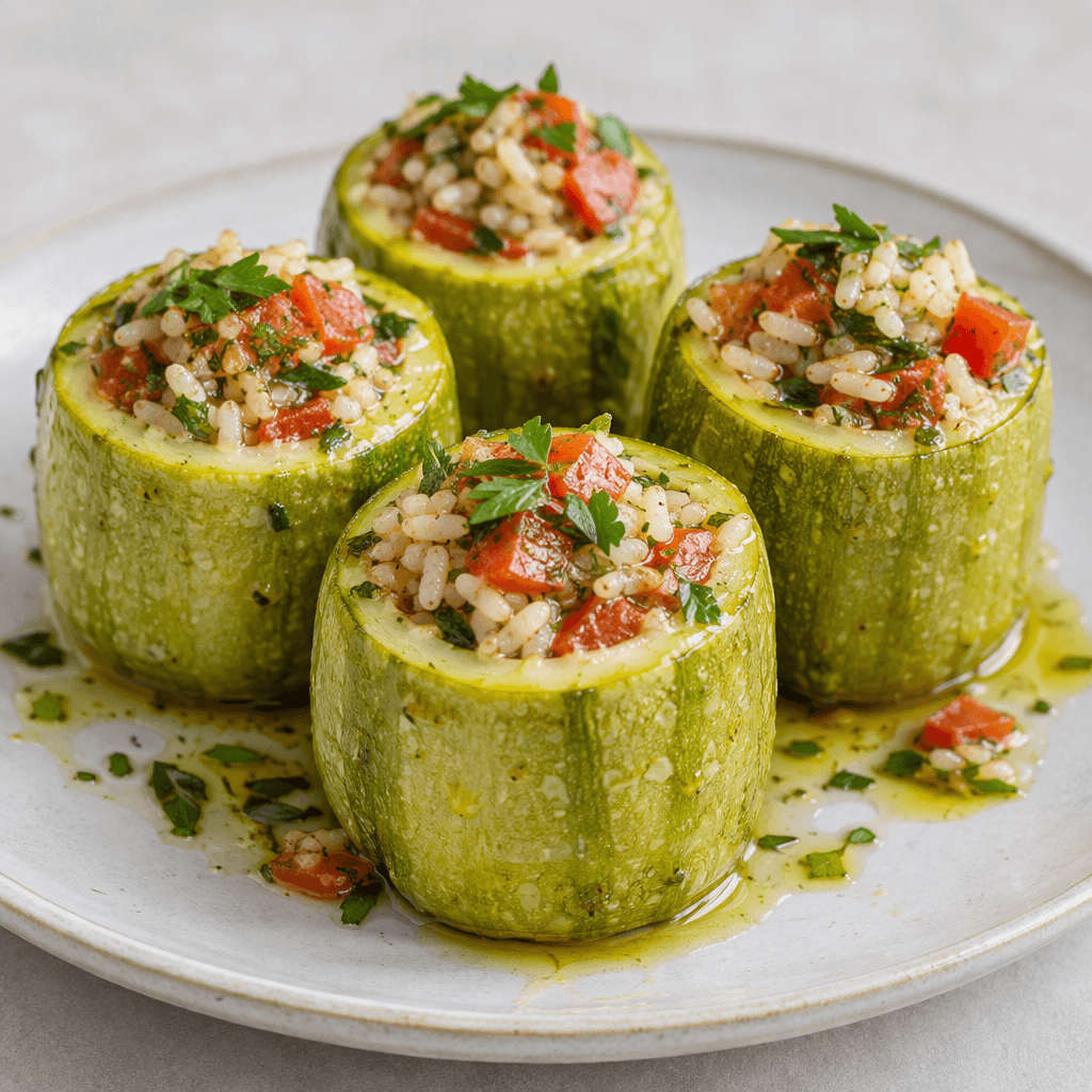 Several pale green zucchini sections are hollowed and filled with a visible mixture of white rice, red tomato, and green herbs, arranged on a plate with a glossy olive-oil sheen.