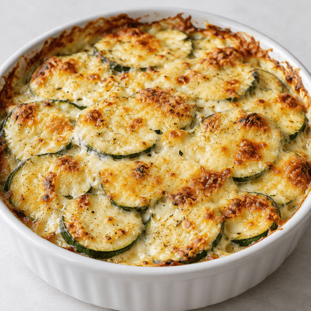 Overlapping round slices of green-skinned zucchini are arranged in a shallow baking dish beneath a creamy white sauce and a blanket of pale golden melted cheese, with browned bubbling patches across the surface and lightly crisped edges.