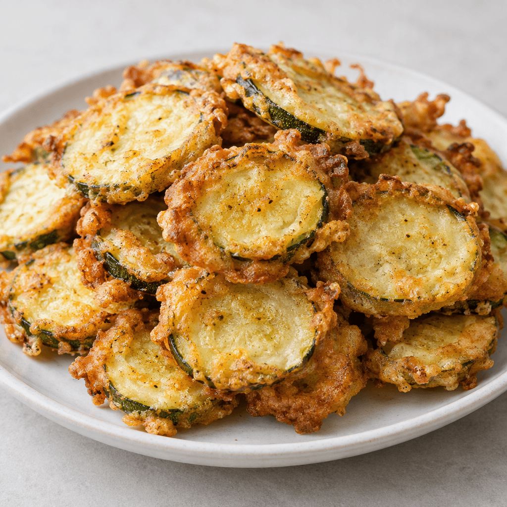 Golden-brown battered zucchini slices with crisp, uneven edges and tender pale-green centers are piled on a serving plate.