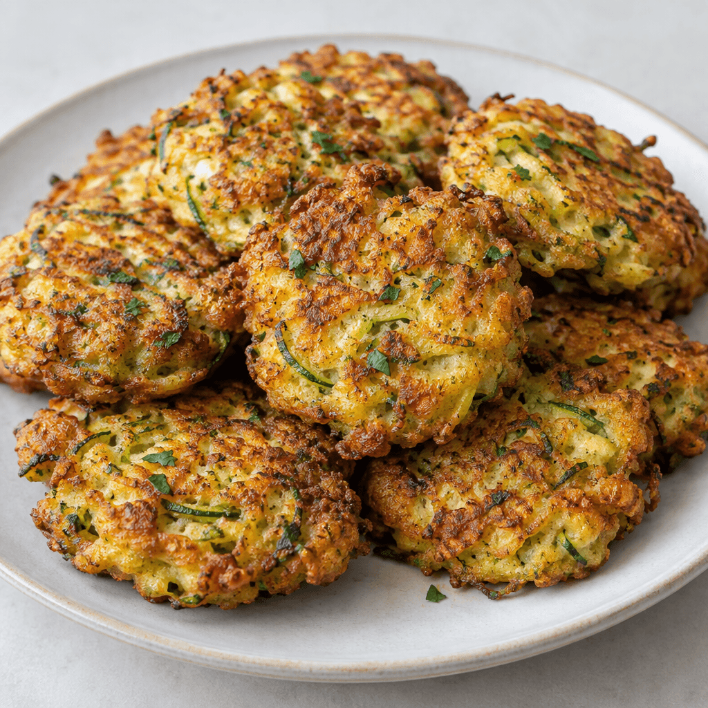 Small, irregularly round fried zucchini patties with deeply golden-brown, craggy surfaces, visible green zucchini shreds and scattered herb flecks, arranged on a plate.
