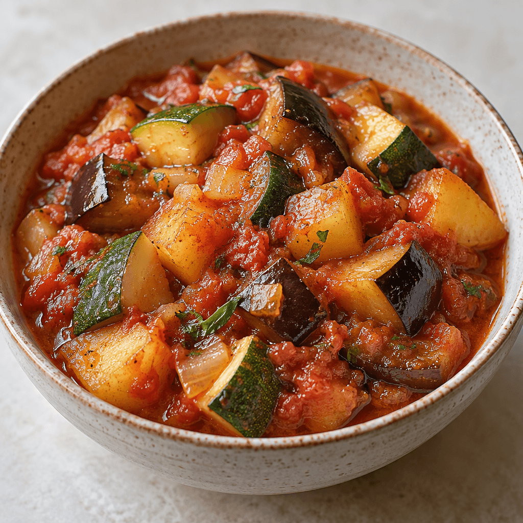 A bowl of chunky zucchini, eggplant, and potato pieces in a glossy reddish tomato sauce, with the vegetables’ pale green, deep purple, and golden-brown colors visible.