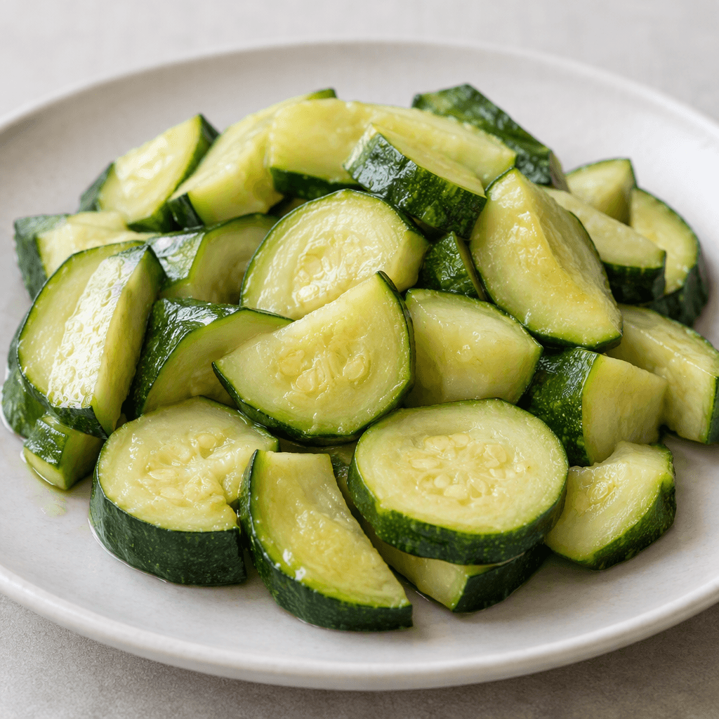 Tender, pale green zucchini pieces with darker green edges and soft, moist surfaces are arranged on a plate, with some pieces showing their pale centers and small seeds.