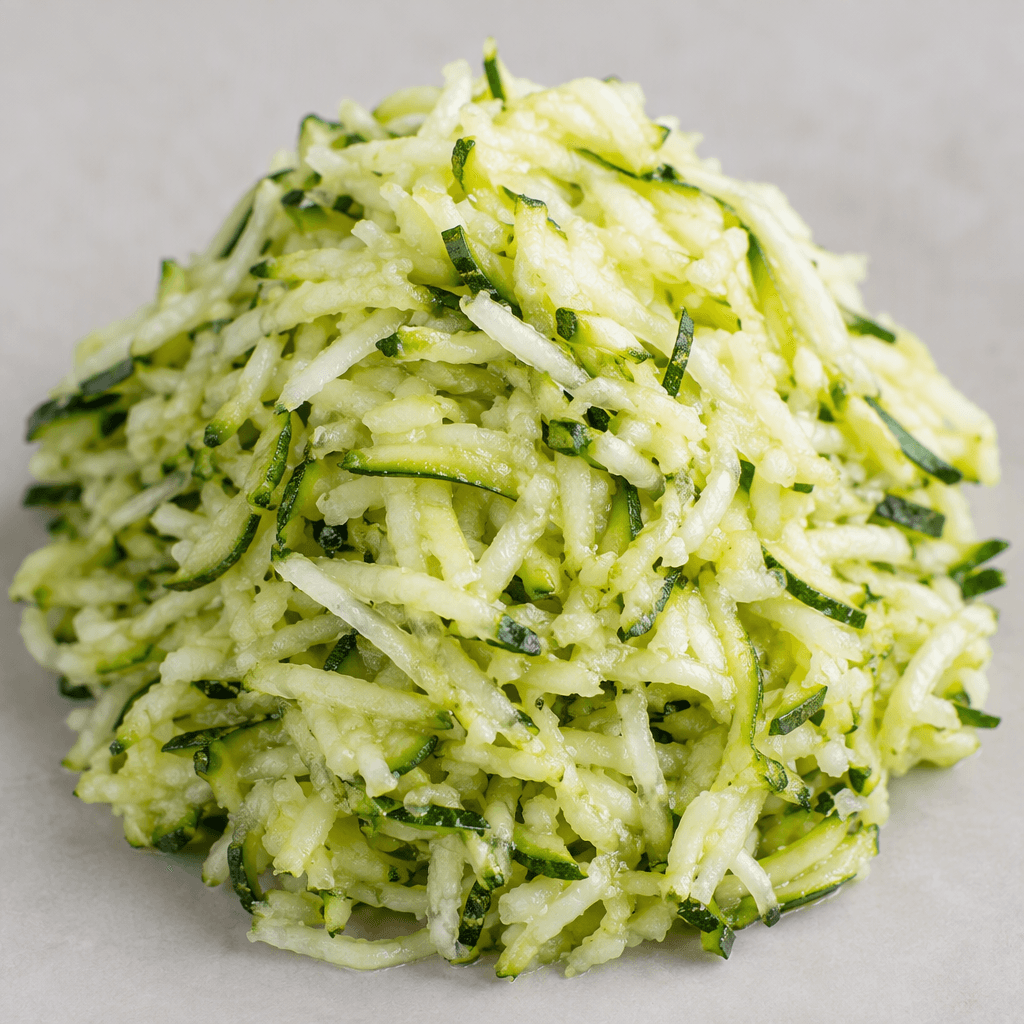 Pale green and creamy white zucchini shredded into thin, moist strands, forming a loose fluffy mound with small irregular pieces and glistening surfaces.
