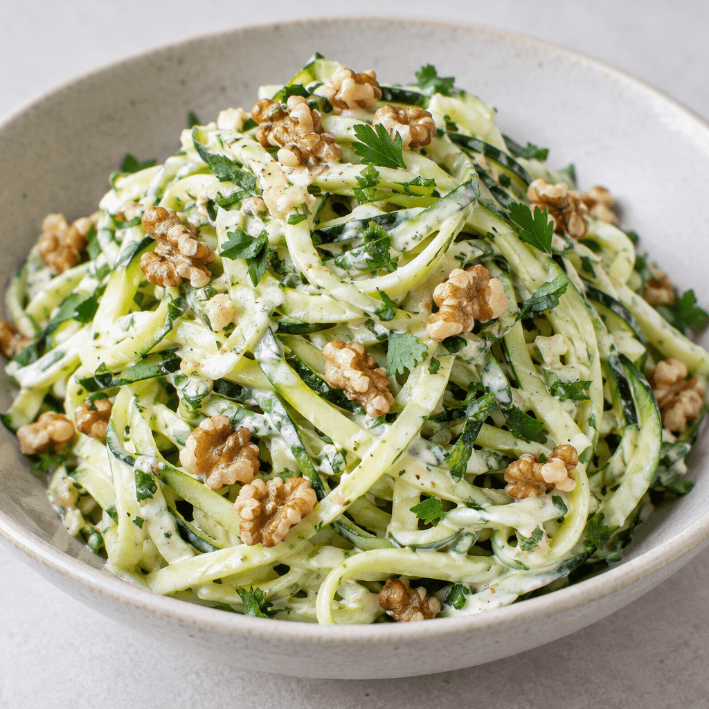 A mound of thin, pale-green zucchini strips coated in a creamy white dressing, scattered with chopped green herbs and walnut pieces, served in a shallow bowl.
