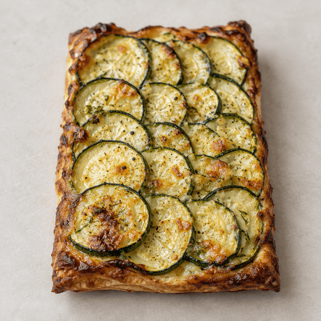 A thin, rustic rectangular slice is topped with closely layered green zucchini rounds, with a pale golden surface and crisp, deeply browned edges.