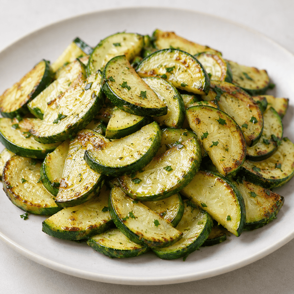Tender pale-green zucchini half-moon slices with darker green skin, lightly browned edges, and a glossy surface are piled on a plate with a few small flecks of herbs.