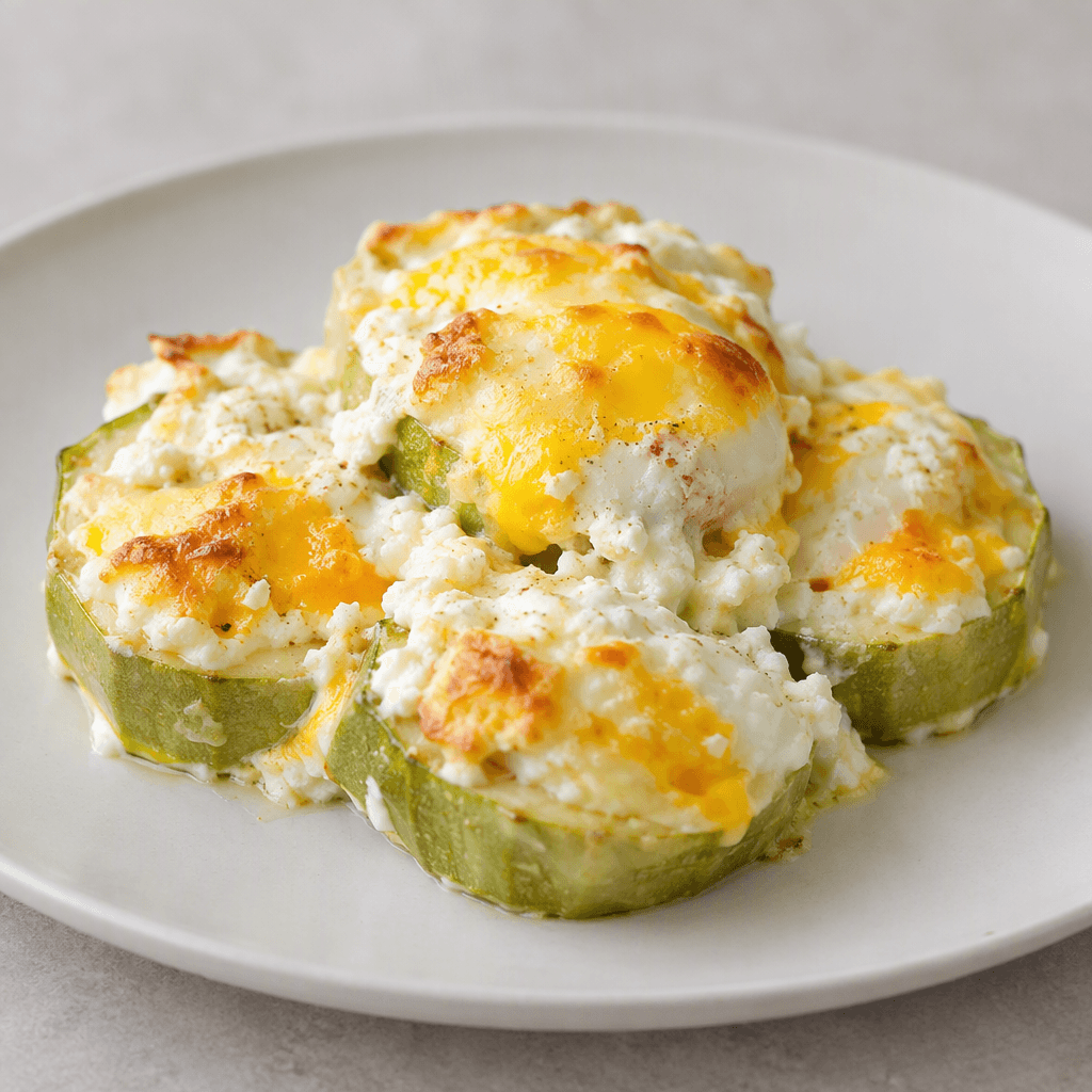 Pale green zucchini pieces are topped with soft white curd cheese and a lightly set egg, with creamy white and golden-yellow patches visible on a plate.