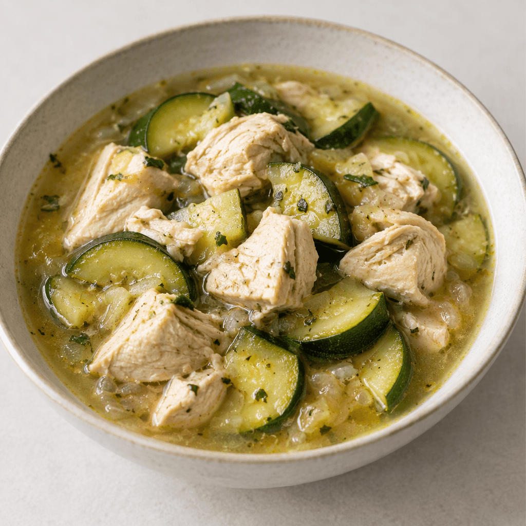 Chunks of chicken and green zucchini slices sit in a glossy, lightly colored stew broth in a shallow bowl, with the ingredients visibly softened and coated in the liquid.