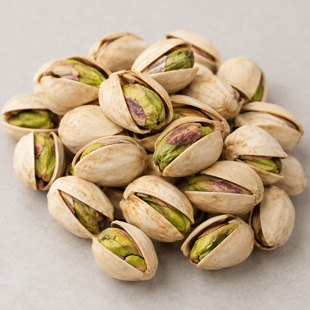 Pistachios in their hard, beige shells, each shell naturally split open to reveal a plump green kernel with occasional purplish or reddish skin, scattered in a small pile.