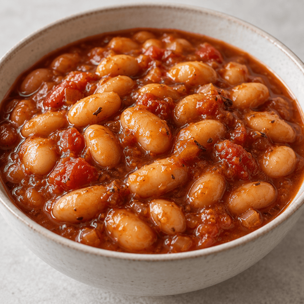 Plump pale beans sit in a thick reddish-brown sauce in a bowl, with a glossy surface and small pieces of tomato visible between them.