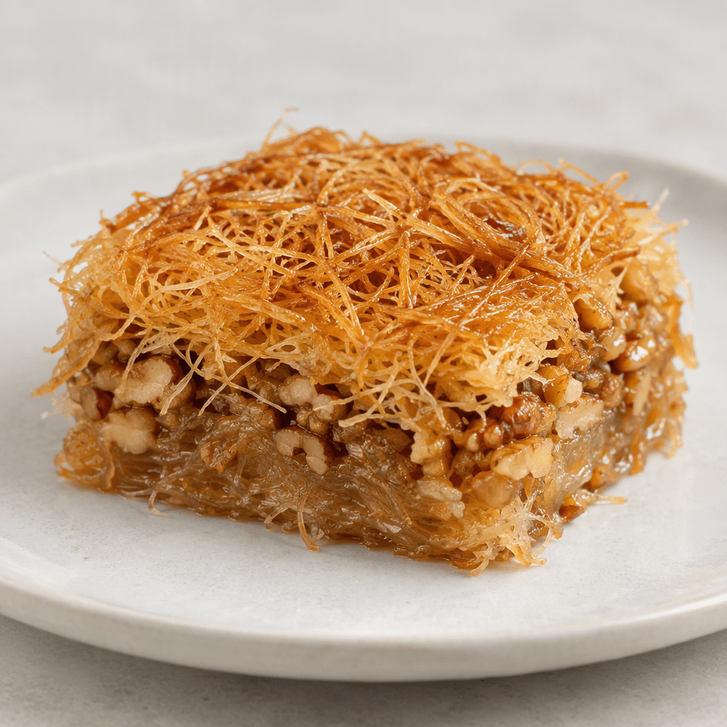 A portion of fine, tangled strands of golden-brown shredded pastry, glossy with syrup and layered with visible chopped walnuts, is served as a compact rectangular piece on a plate.
