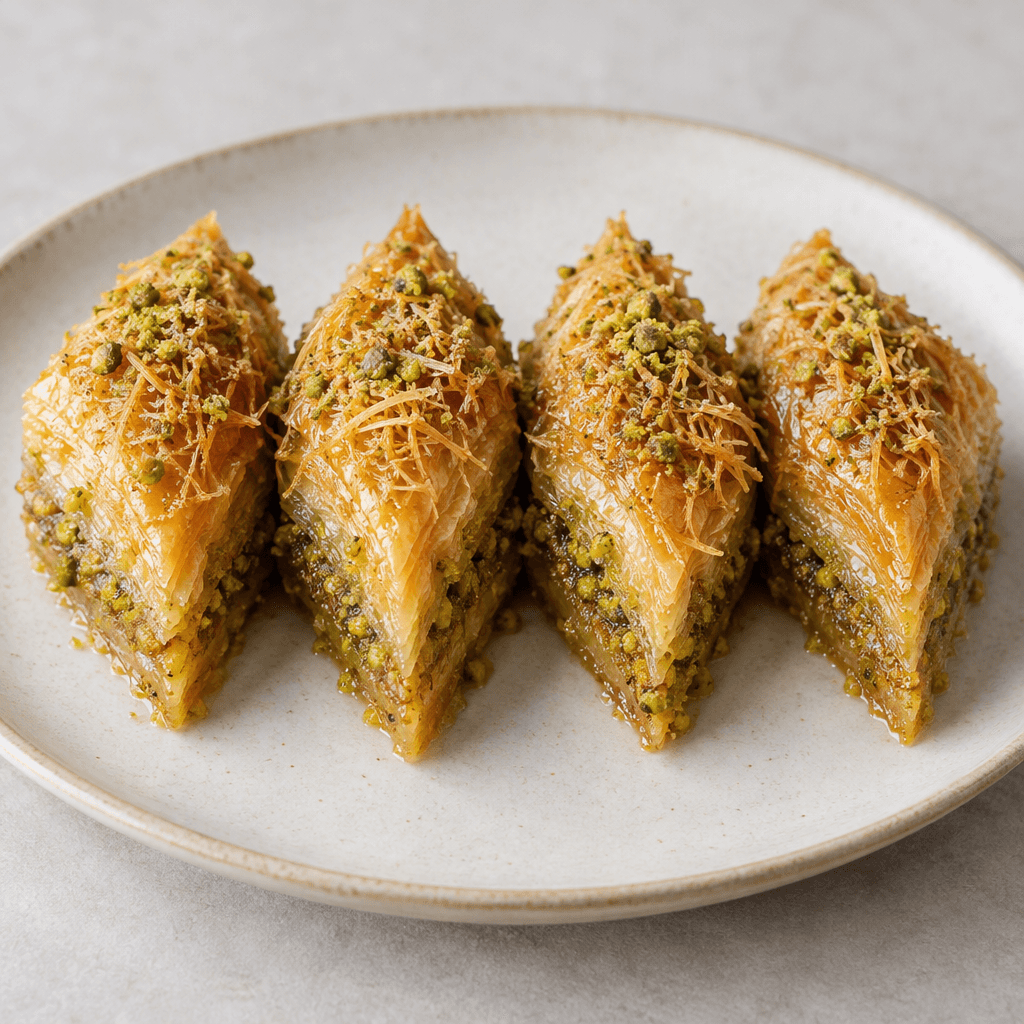 Sıra hâlinde dizilmiş altın kahverengindeki baklava dilimlerinin kat kat çıtır yüzeylerinde ince kadayıf telleri ve yeşil fıstık parçacıkları görülür; üzerleri parlak şerbetle kaplıdır.