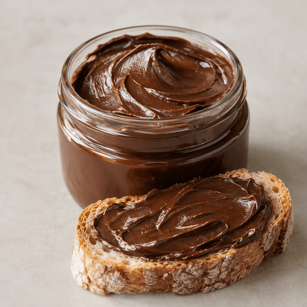 A thick, smooth, glossy dark-brown spread sits in soft swirls, with a little spread across a slice of bread.