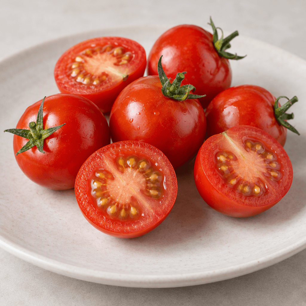 Several small, round tomatoes sit on a plate, their smooth glossy skins bright red and their cut faces showing moist flesh, pale seed pockets and a few green stem ends.