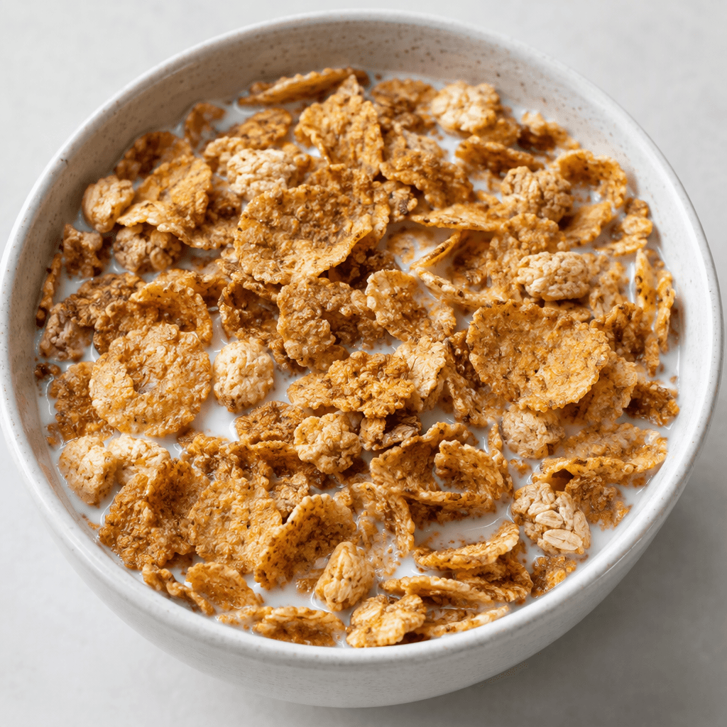 A bowl filled with crisp, golden-brown toasted grain flakes and small irregular cereal pieces, with white milk visible between them.