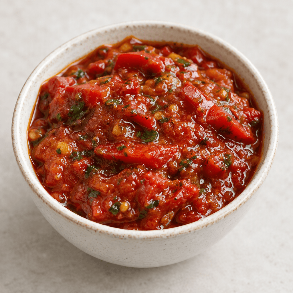 A thick, glossy deep-red sauce with visible tomato and red-pepper pieces, small green herb flecks, and a light sheen of oil, served in a small bowl.