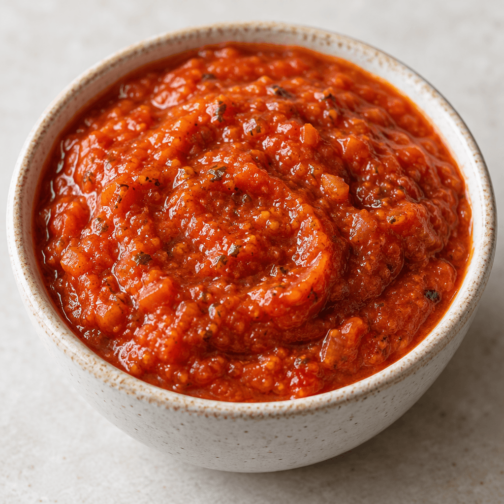A thick, glossy red-orange sauce with a slightly coarse texture and fine vegetable flecks, served in a small dish.