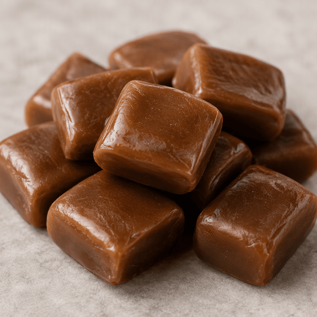 Small, smooth, soft candies in warm coffee-brown shades, with gently rounded edges and a slight sheen, arranged in a neat cluster.