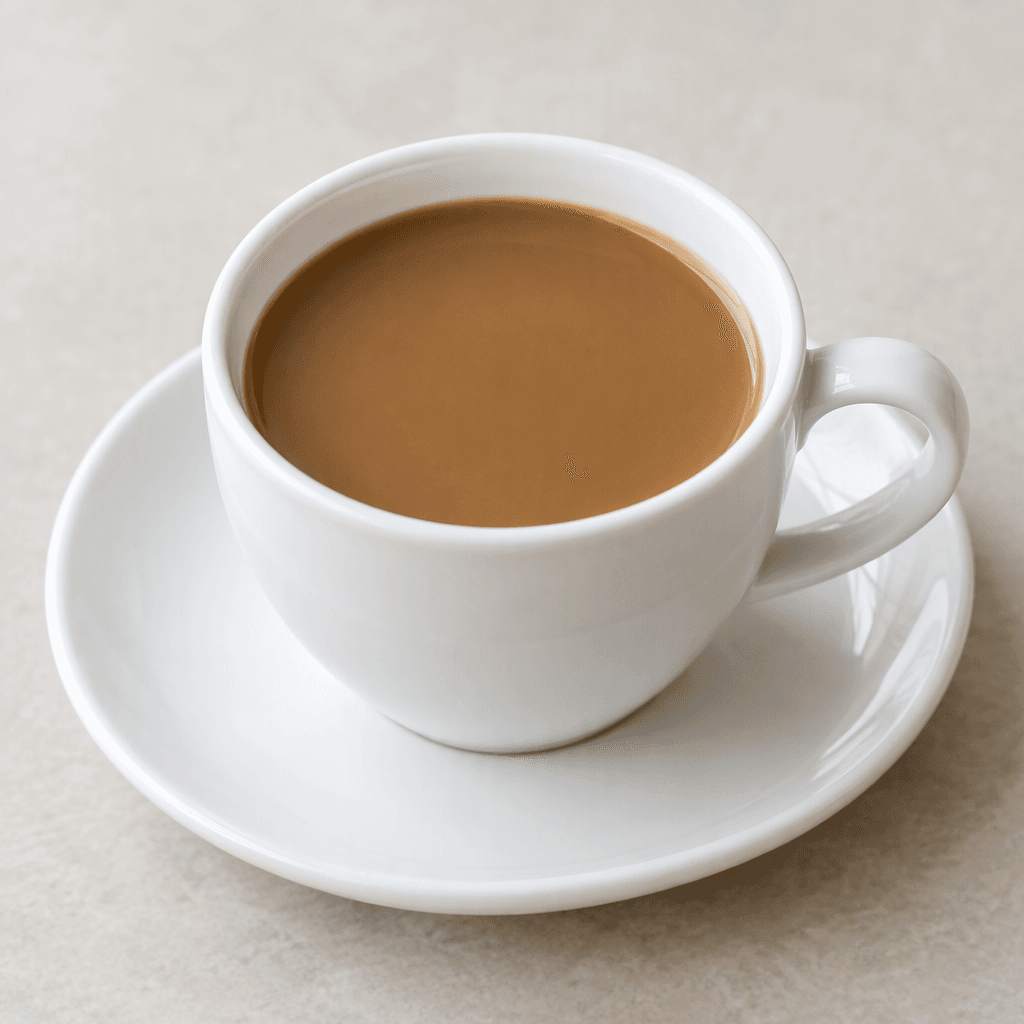 A small cup holds a smooth, dark brown coffee lightened slightly with a little milk, with an unbroken surface and no visible sugar or foam.