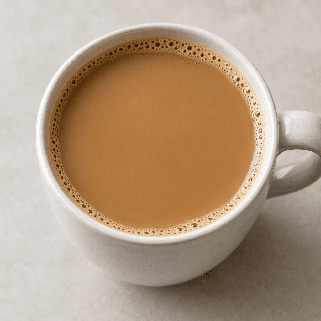 A light caramel-brown coffee sits in a cup, with a smooth surface and a thin layer of fine bubbles around the rim.