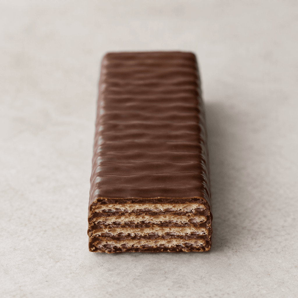 A slim rectangular wafer bar coated in dark brown chocolate, with fine ridges on its surface and thin crisp wafer layers visible at the edge.